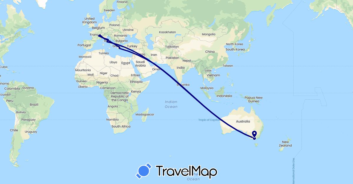TravelMap itinerary: driving in United Arab Emirates, Australia, Switzerland, France, Greece, Italy (Asia, Europe, Oceania)